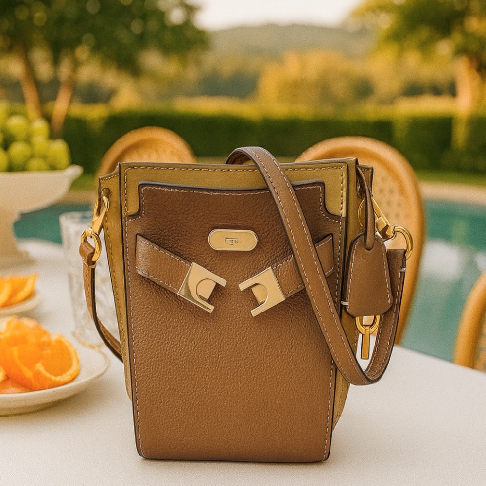 NEW Tory Burch Lee Radziwill Double Tiger’s Eye Leather Petite Bucket Tote Bag